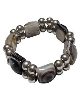 Vintage Stone Chunky Bracelet Beaded Stretch Brown Blue Silver Fashion Jewelry